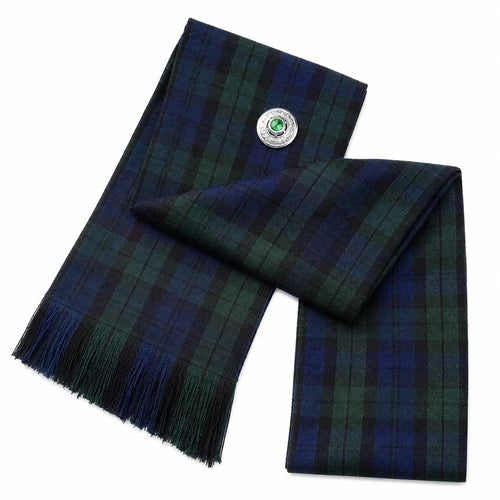 Black Watch Tartan Sash front view – full-size women's Highland sash in deep navy and green plaid by Glenor Heritage
