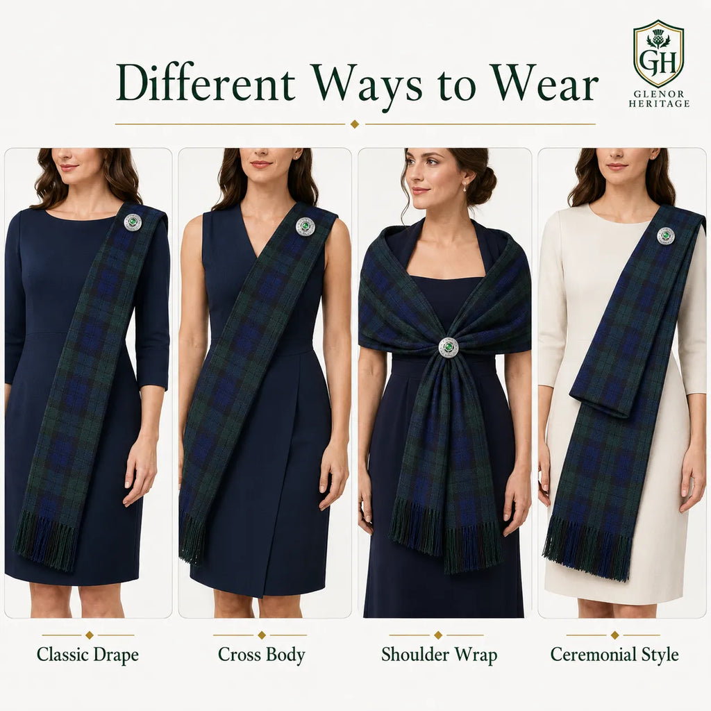 Women's Black Watch tartan sash worn over shoulder – formal Highland dress sash for weddings and Burns Night
