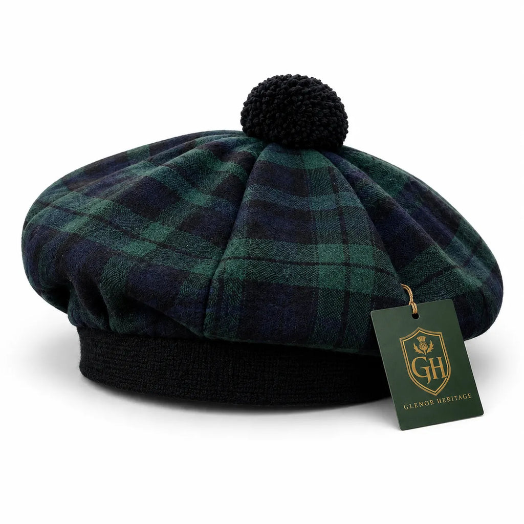 Black Watch Tartan Tam O' Shanter Hat – Traditional Scottish Highland Bonnet with Pom for Men & Women