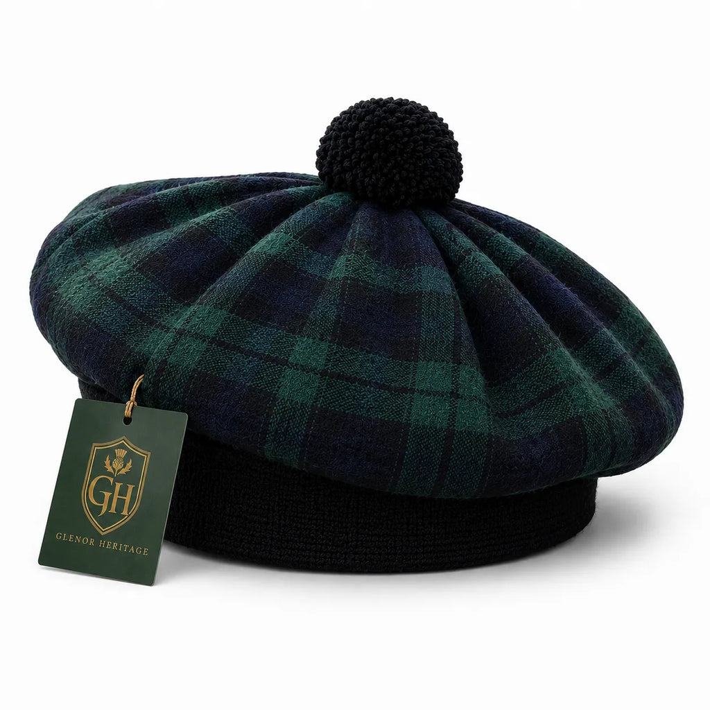 Black Watch Tartan Tam O' Shanter Hat – Traditional Scottish Highland Bonnet with Pom for Men & Women