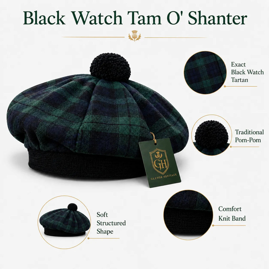 Black Watch Tartan Tam O' Shanter Hat – Traditional Scottish Highland Bonnet with Pom for Men & Women
