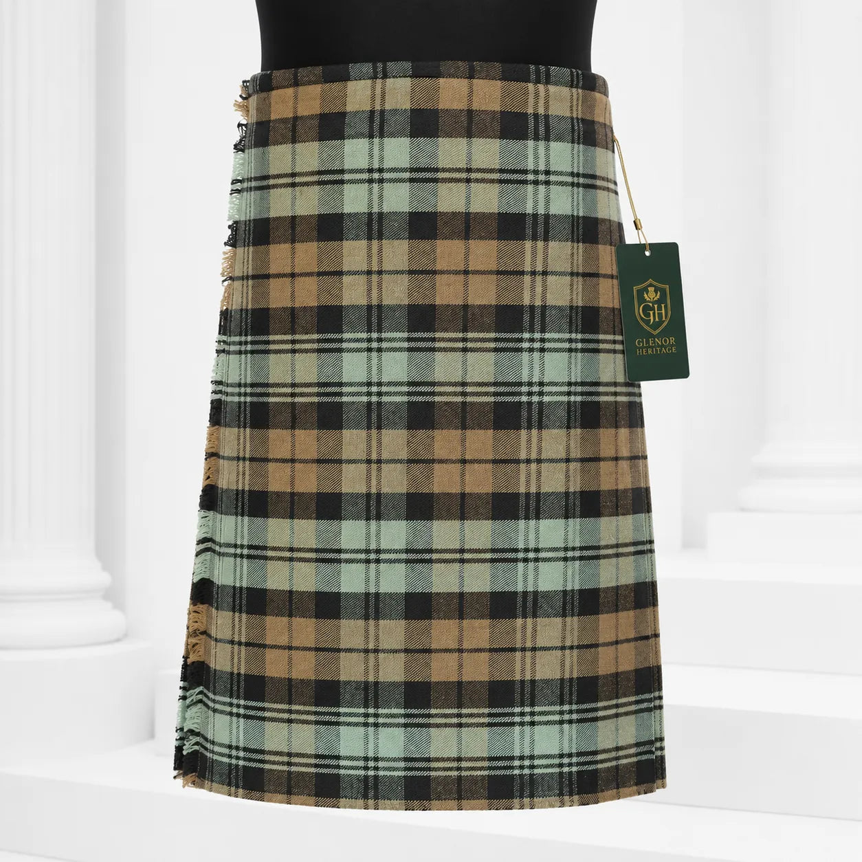 Black Watch Weather tartan kilt front view – weathered navy and green plaid with leather straps