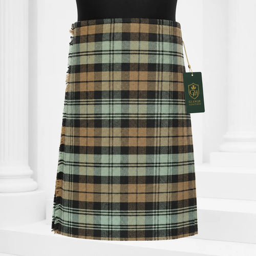 Black Watch Weather tartan kilt front view – weathered navy and green plaid with leather straps