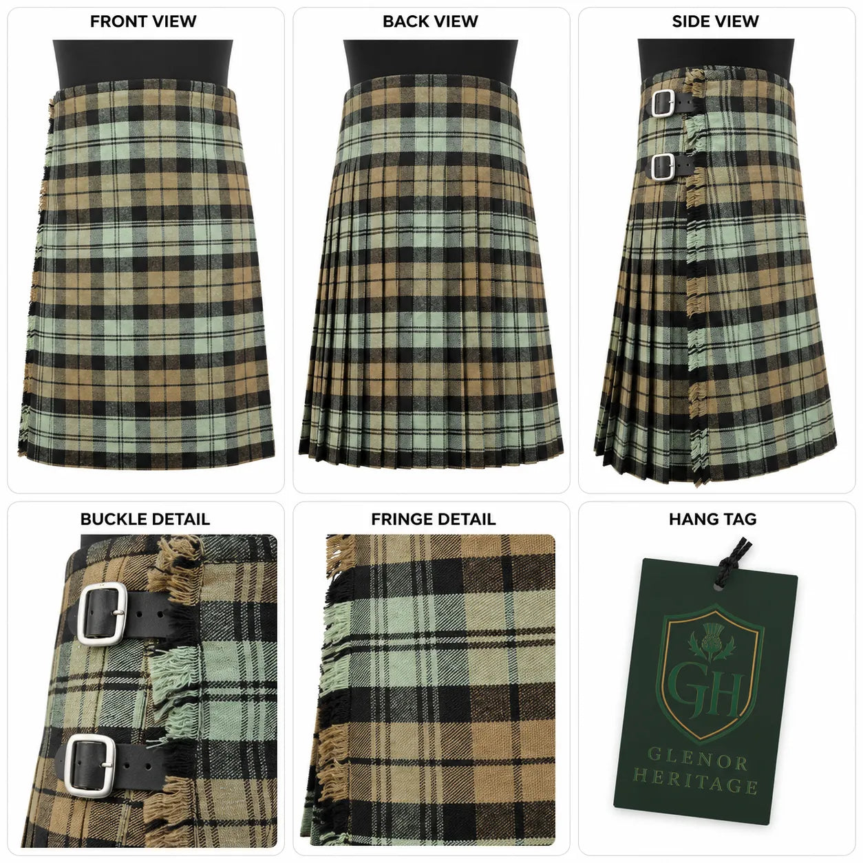 Black Watch Weather tartan kilt side view showing knife pleats and metal buckle closure