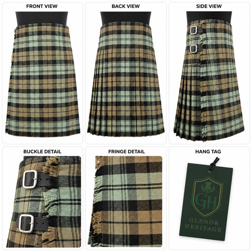 Black Watch Weather tartan kilt side view showing knife pleats and metal buckle closure