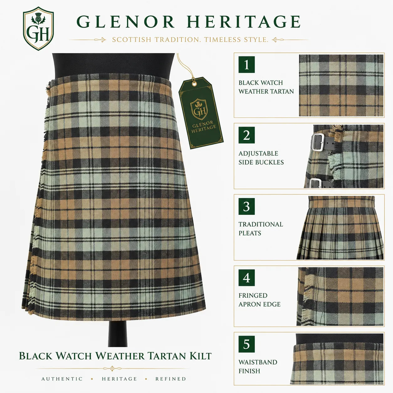 Black Watch Weather tartan kilt back pleat detail – premium acrylic wool Highland kilt by Glenor Heritage