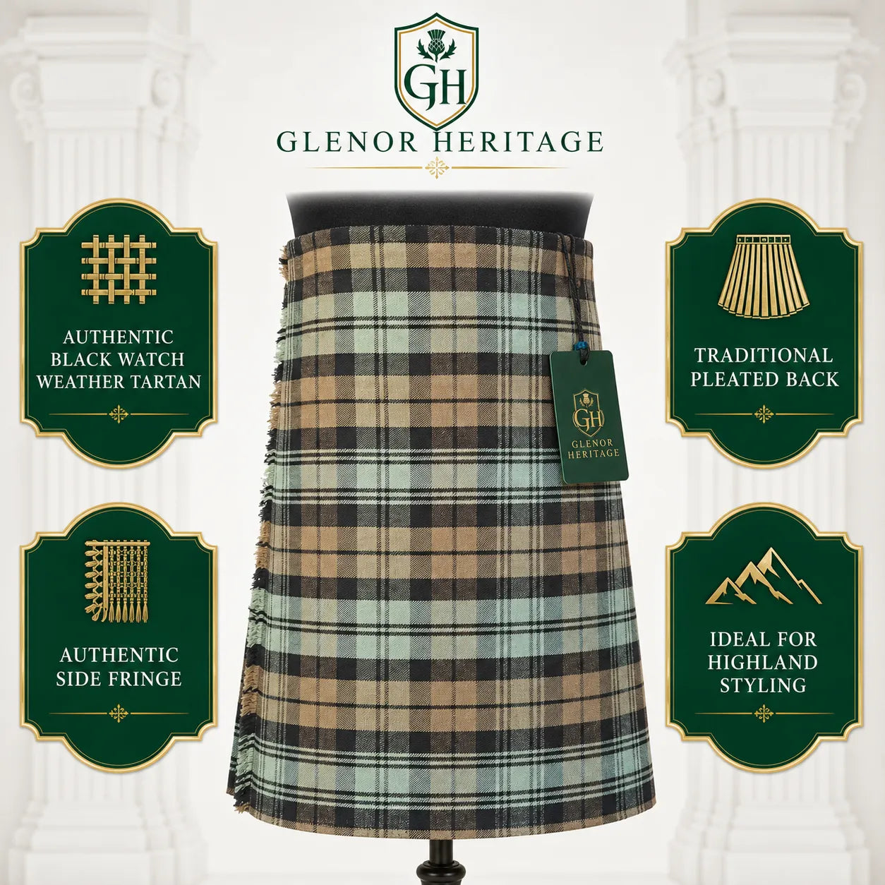 Black Watch Weather tartan kilt full length view – distinctive weathered tartan for Highland Games and Burns Night