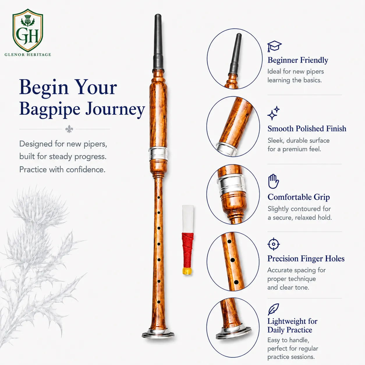 Black tip practice chanter reed cap and blowpipe end detail by Glenor Heritage