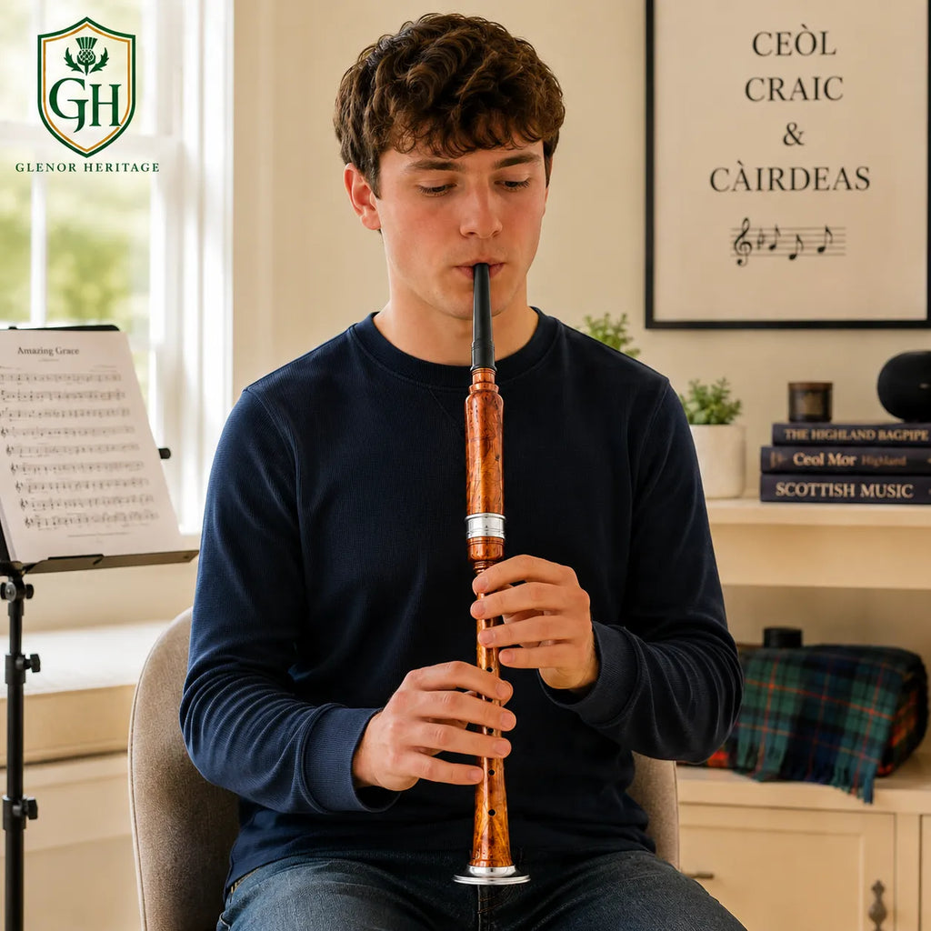 Glenor Heritage brown silver black tip practice chanter bell and bottom mount close-up detail