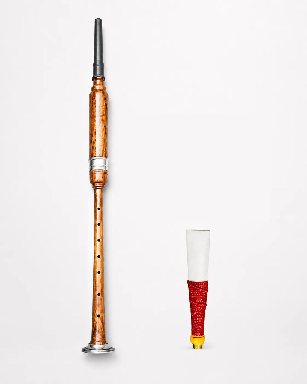 Brown silver practice chanter with black tip front view – beginner Highland bagpipe trainer by Glenor Heritage