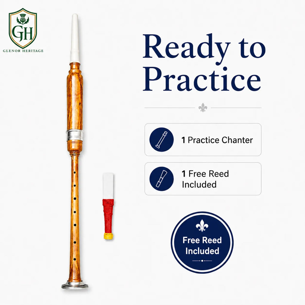 Brown practice chanter finger holes close-up – traditional Highland bagpipe practice instrument