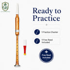 Brown practice chanter finger holes close-up – traditional Highland bagpipe practice instrument