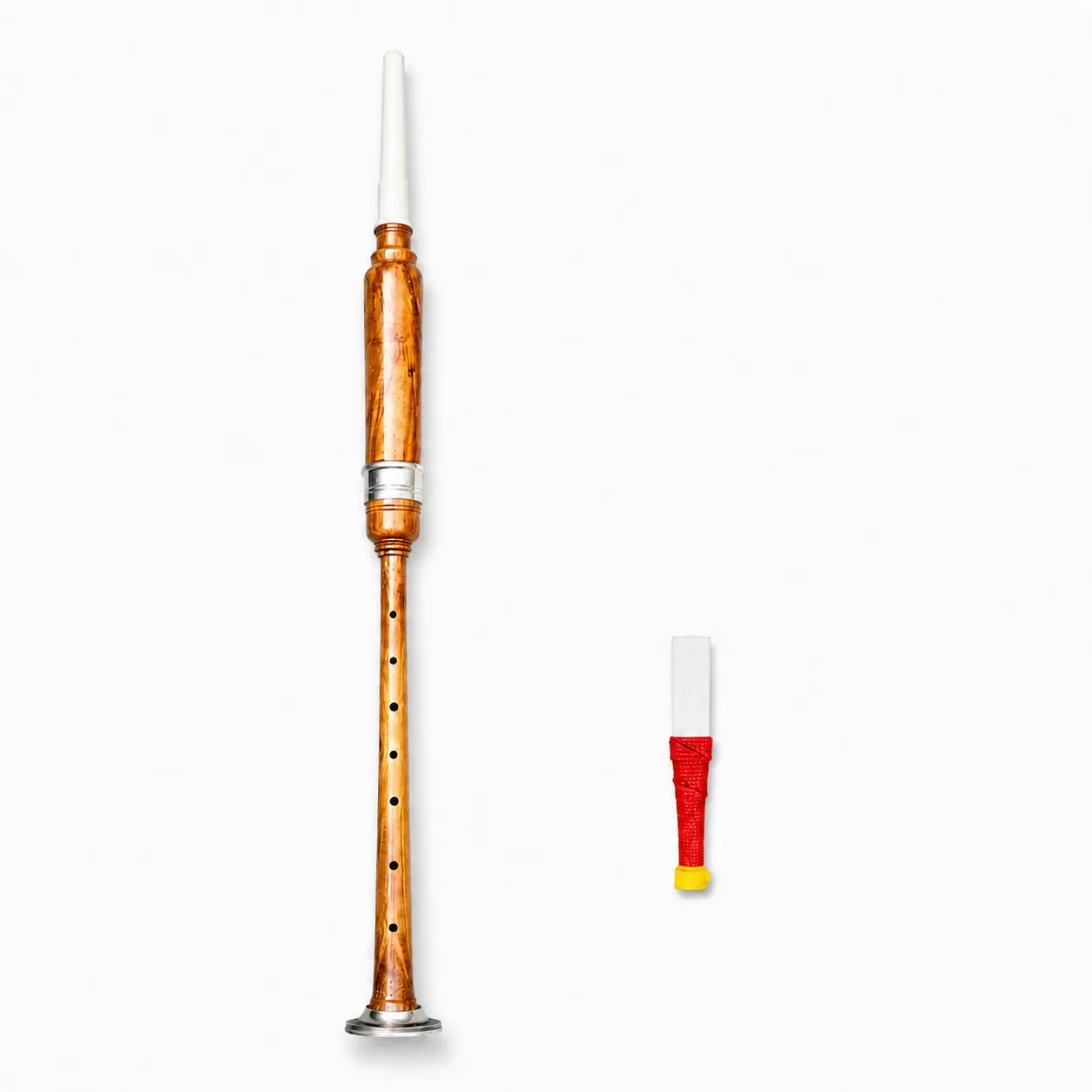 Brown silver practice chanter with white tip front view – beginner Highland bagpipe trainer by Glenor Heritage