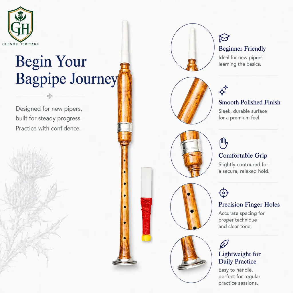 Brown silver white tip chanter full length showing brown body silver mounts and distinctive white tip
