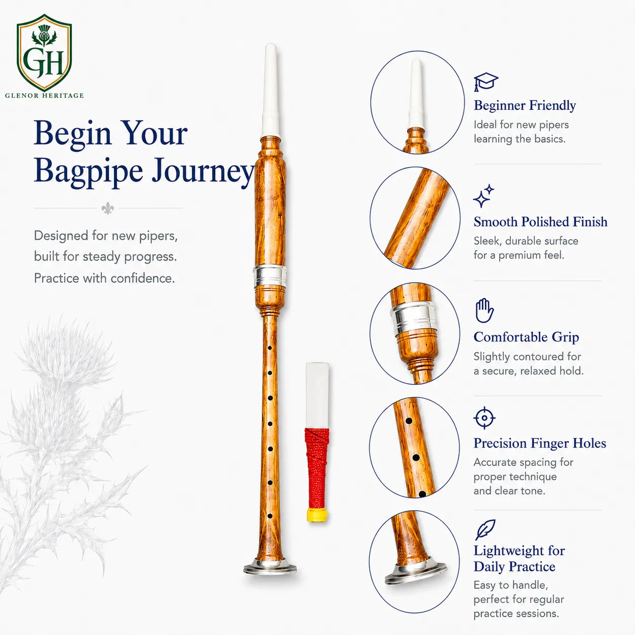 Brown silver white tip chanter full length showing brown body silver mounts and distinctive white tip