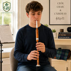 Glenor Heritage brown silver white tip practice chanter bell and bottom mount close-up