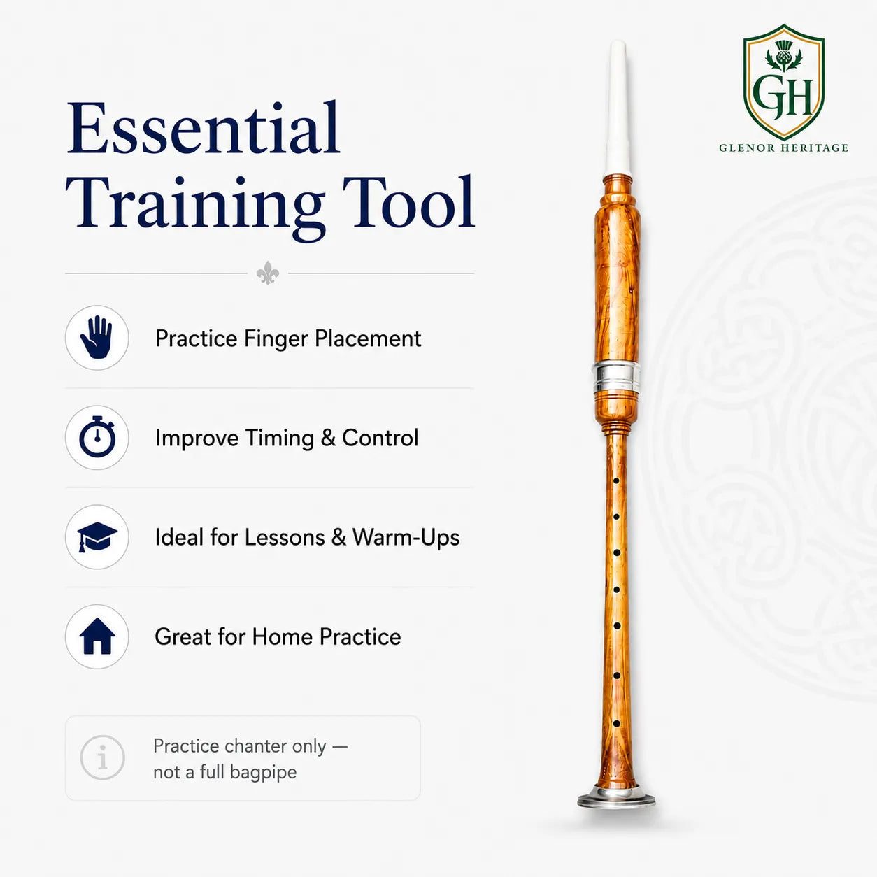 Brown Silver Practice Chanter with White Tip – Beginner Bagpipe Trainer | Glenor Heritage