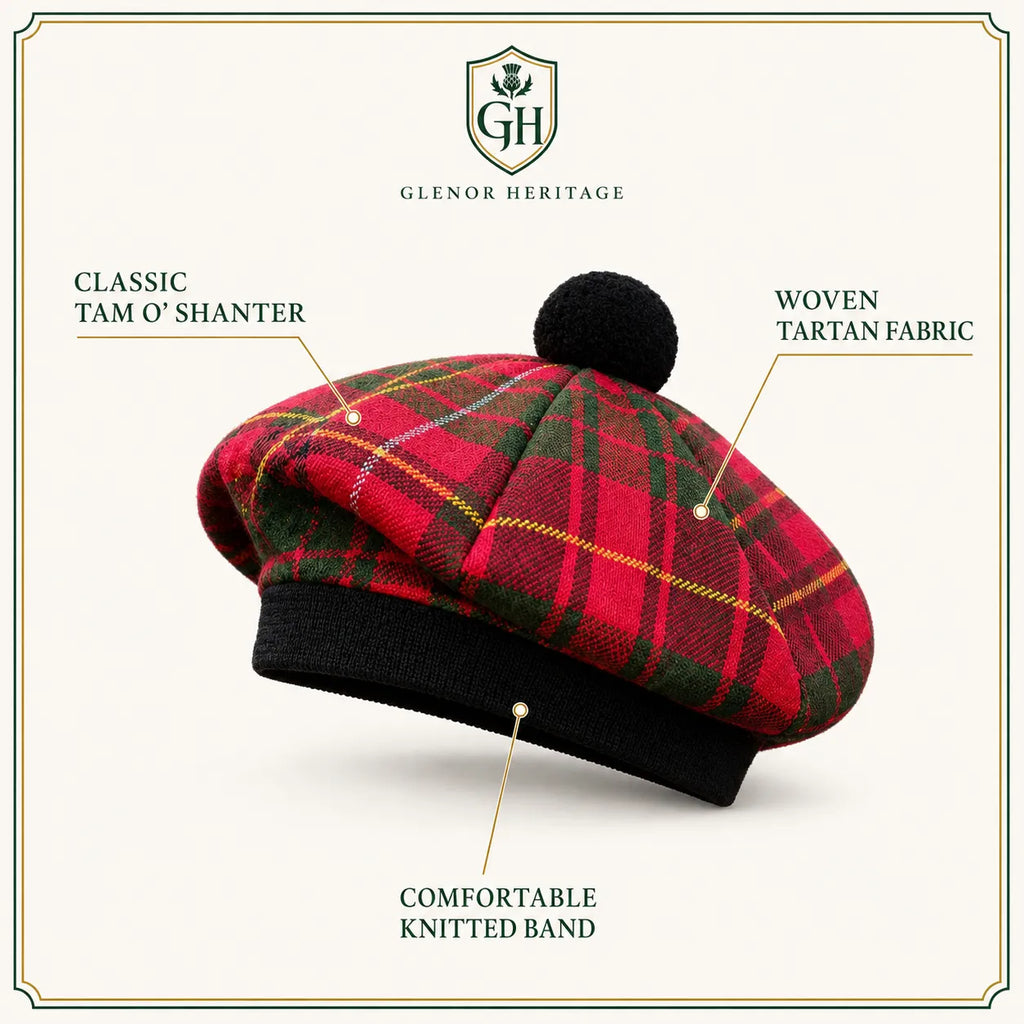 Bruce Tartan Tam O' Shanter Hat – Traditional Scottish Highland Bonnet with Black Pom