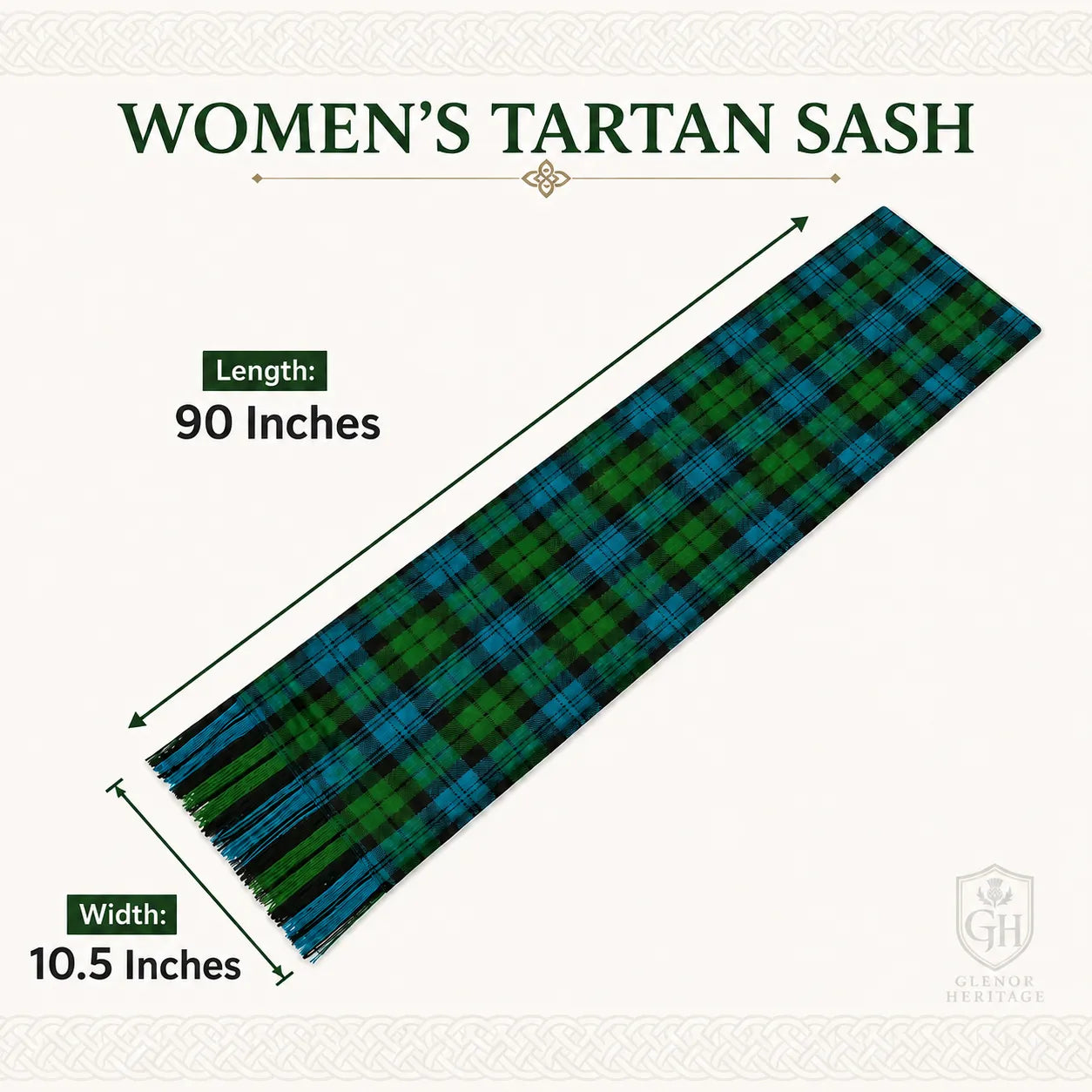Women's Campbell Ancient tartan sash worn over shoulder – formal Highland dress sash by Glenor Heritage