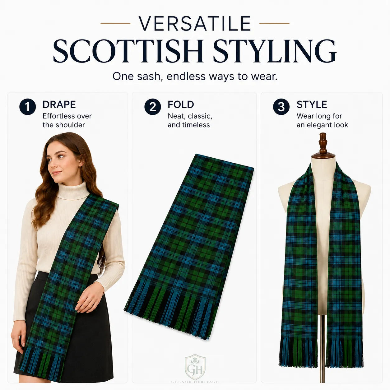 Campbell Ancient Tartan Sash close-up showing authentic muted ancient sett pattern and fabric quality