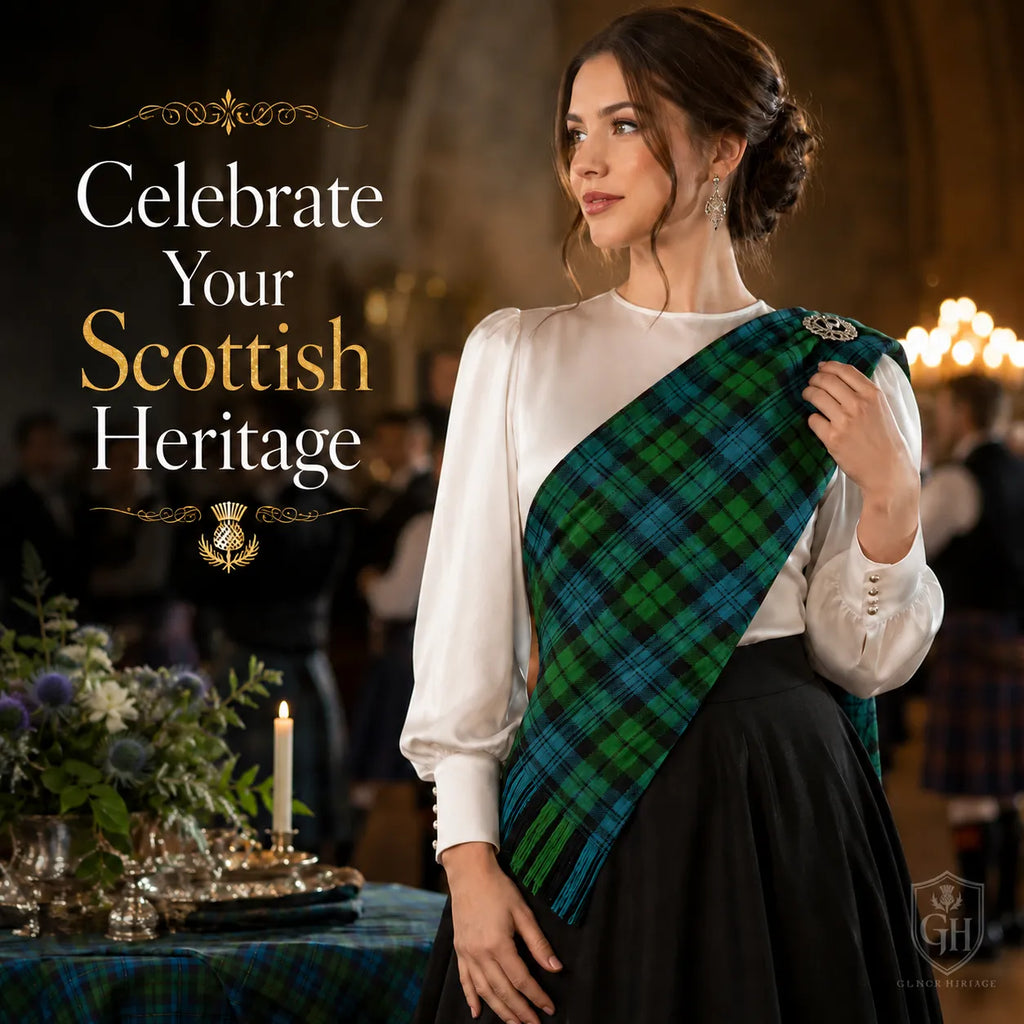 Campbell Ancient tartan sash draped full length – traditional Scottish women's Highland dress accessory