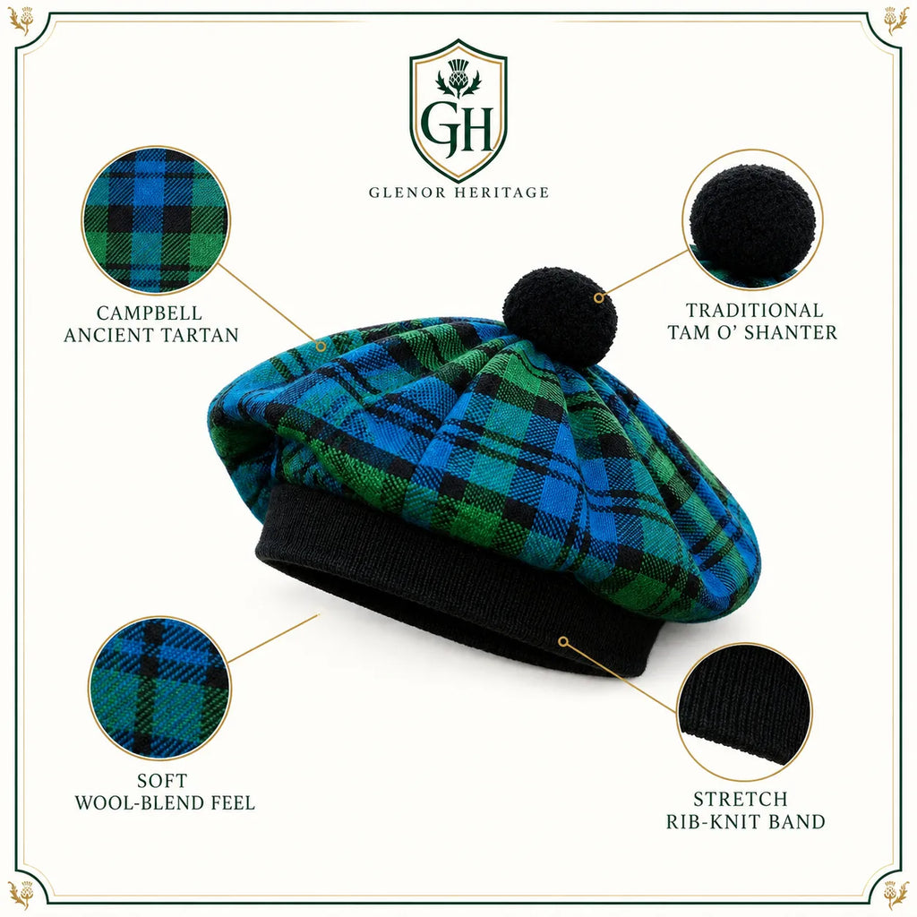 Campbell Ancient Tartan Tam O' Shanter Hat – Traditional Scottish Highland Bonnet with Black Pom