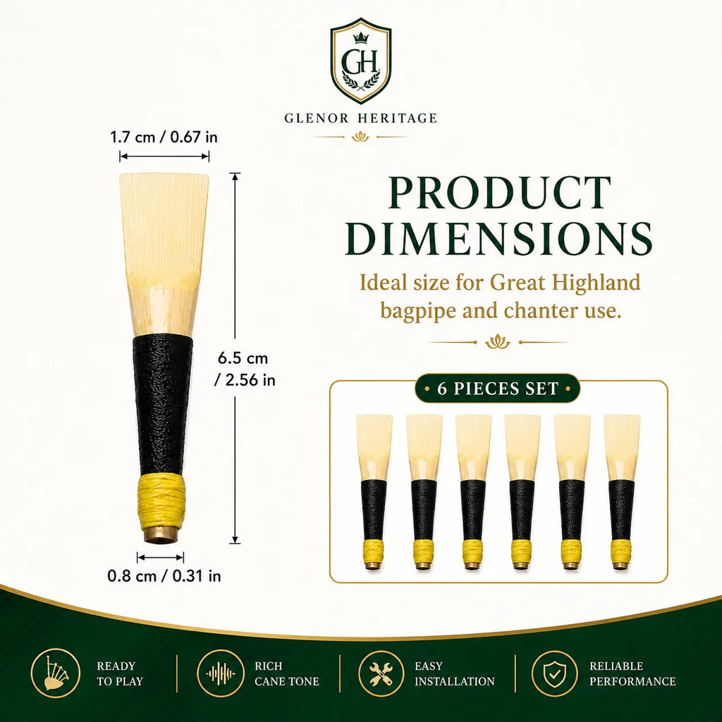 Set of 6 Highland bagpipe chanter cane reeds laid out – replacement reeds for practice and pipe band