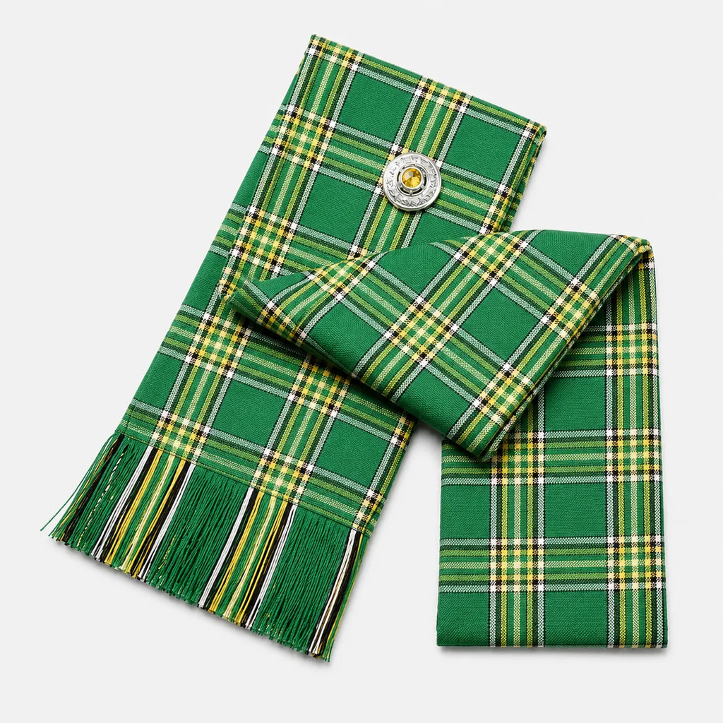 Irish Green Tartan Sash front view – full-size women's Highland sash in vibrant green Celtic tartan by Glenor Heritage