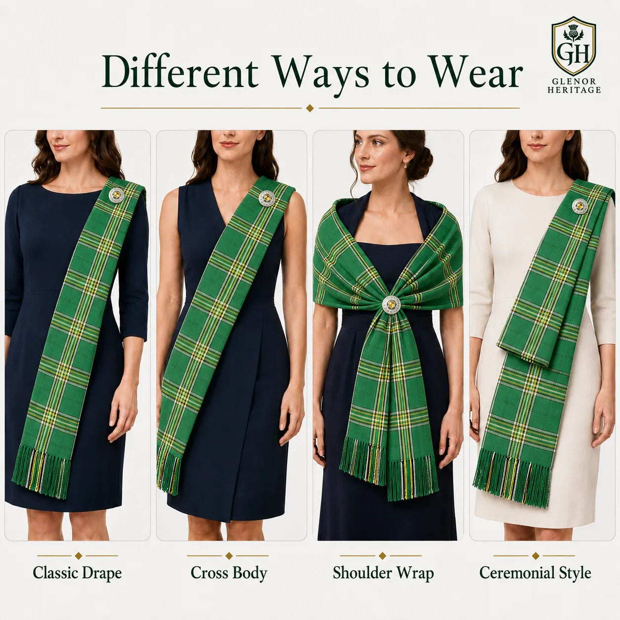 Irish Green tartan sash draped full length – Celtic Highland sash ideal for St Patricks Day and Irish weddings