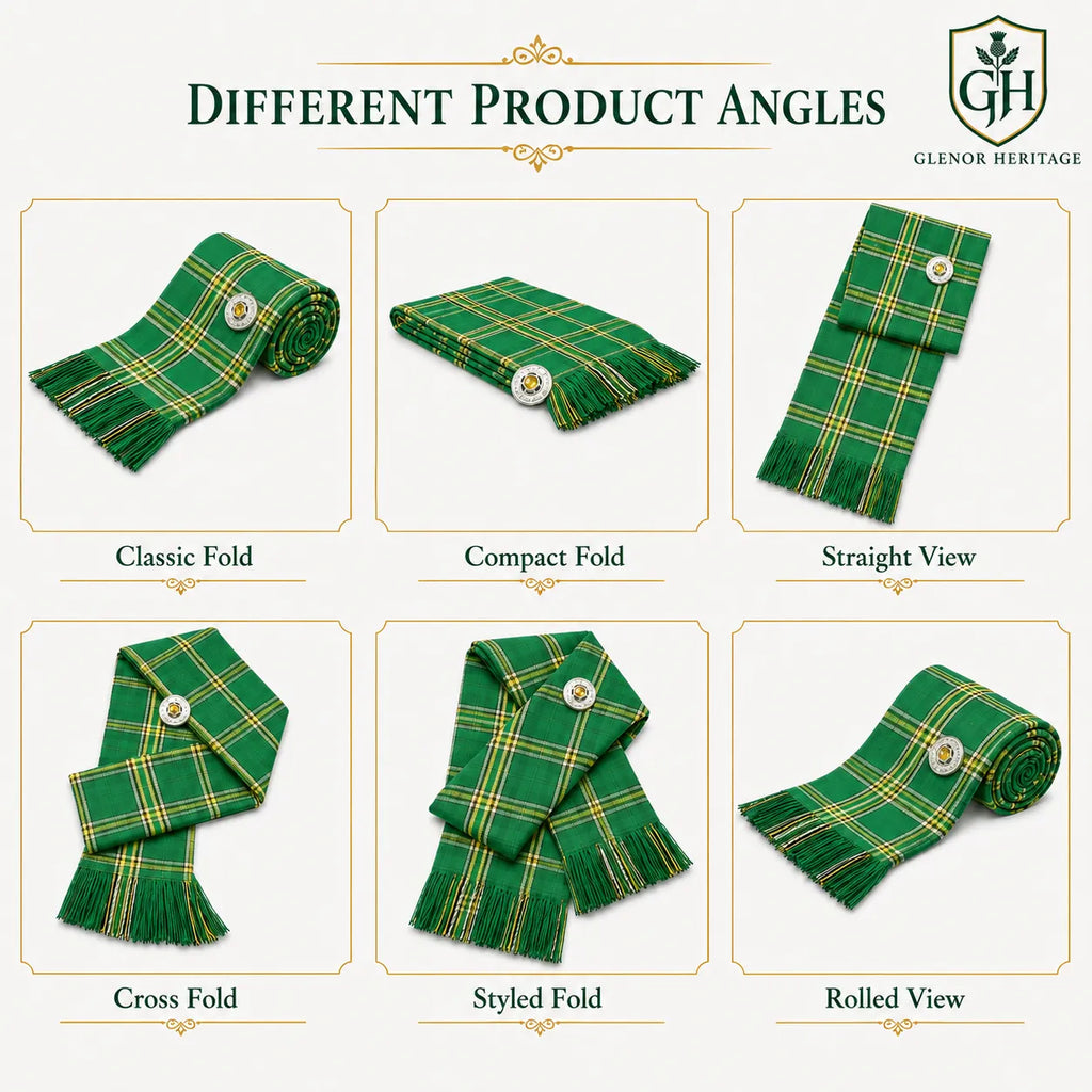 Irish Green Tartan Sash worn over shoulder – Celtic Highland dress sash for festivals and formal events