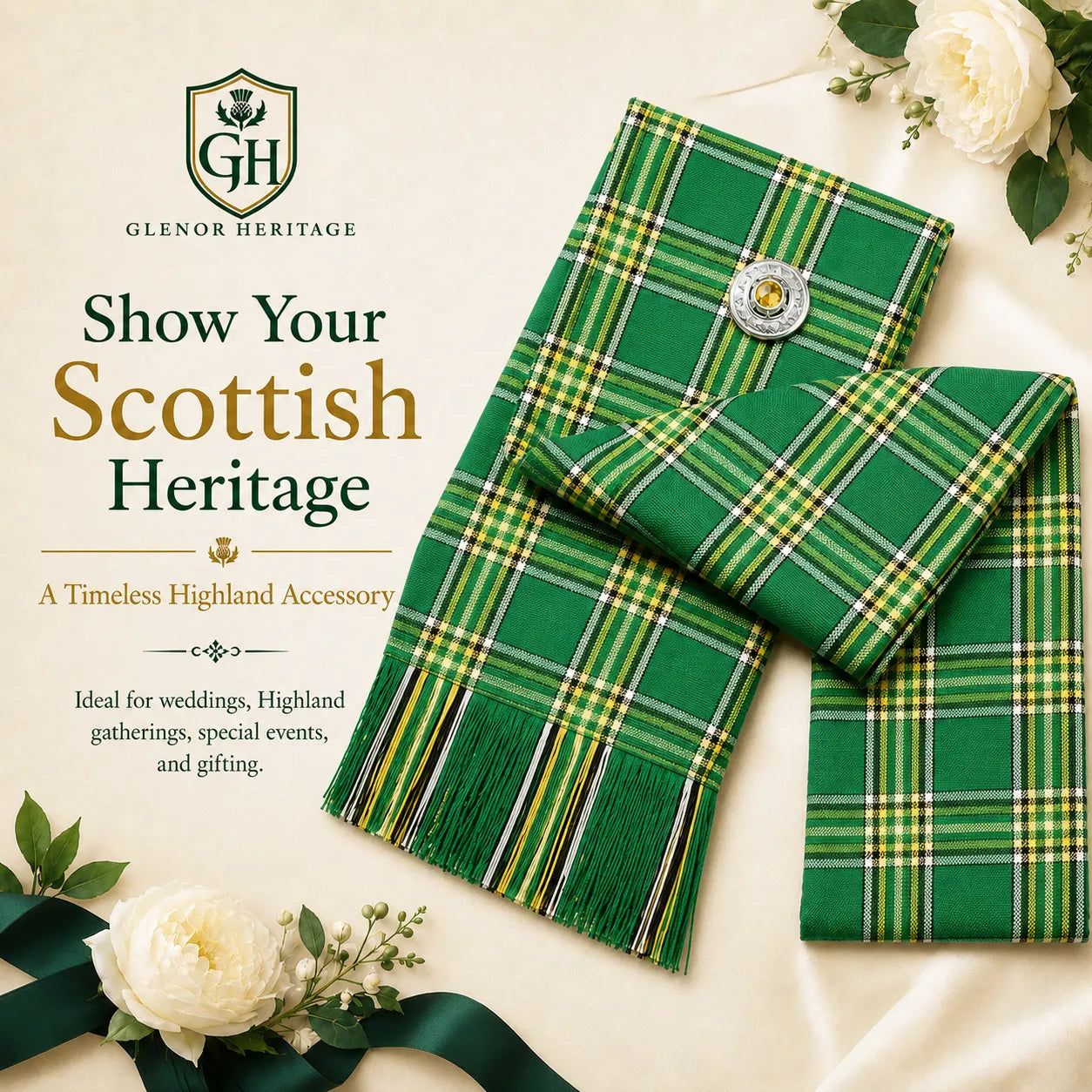 Irish Green Tartan Sash – Full Size Women’s Highland Sash | Glenor Heritage