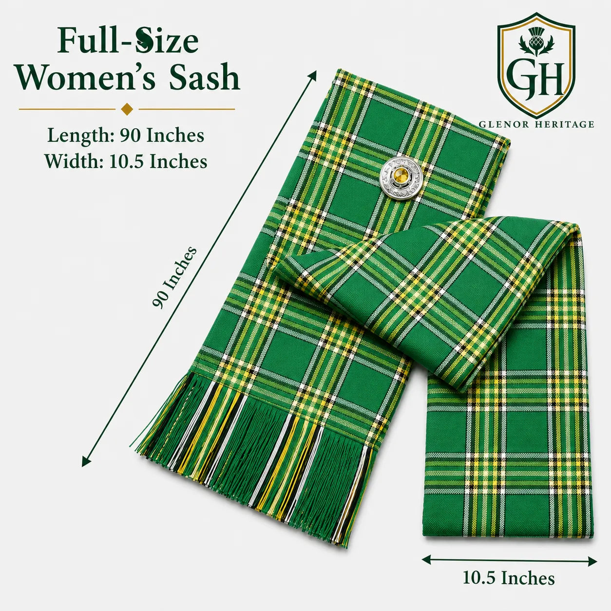 Irish Green Tartan Sash – Full Size Women’s Highland Sash | Glenor Heritage