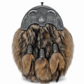 Highland cow fur dress sporran front view – genuine Highland cattle fur sporran with Celtic cantle and tassels by Glenor Heritage