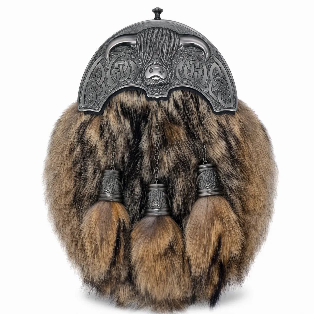 Highland cow fur dress sporran front view – genuine Highland cattle fur sporran with Celtic cantle and tassels by Glenor Heritage