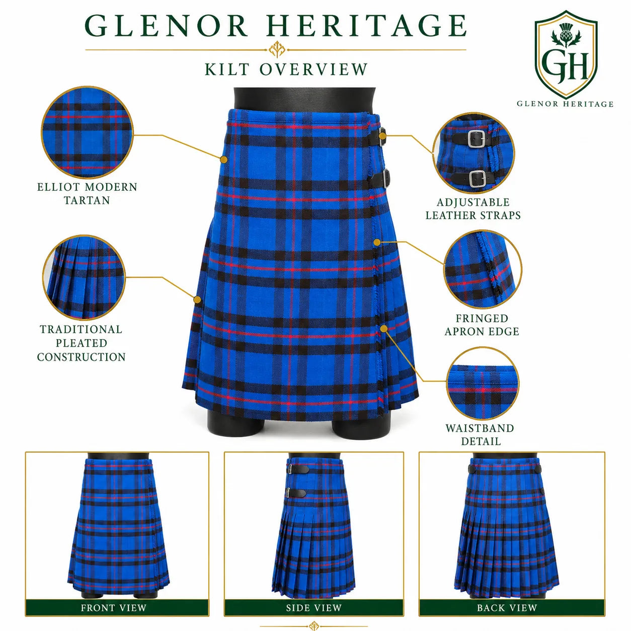 Elliot Modern tartan kilt side view showing knife pleats and metal buckle closure