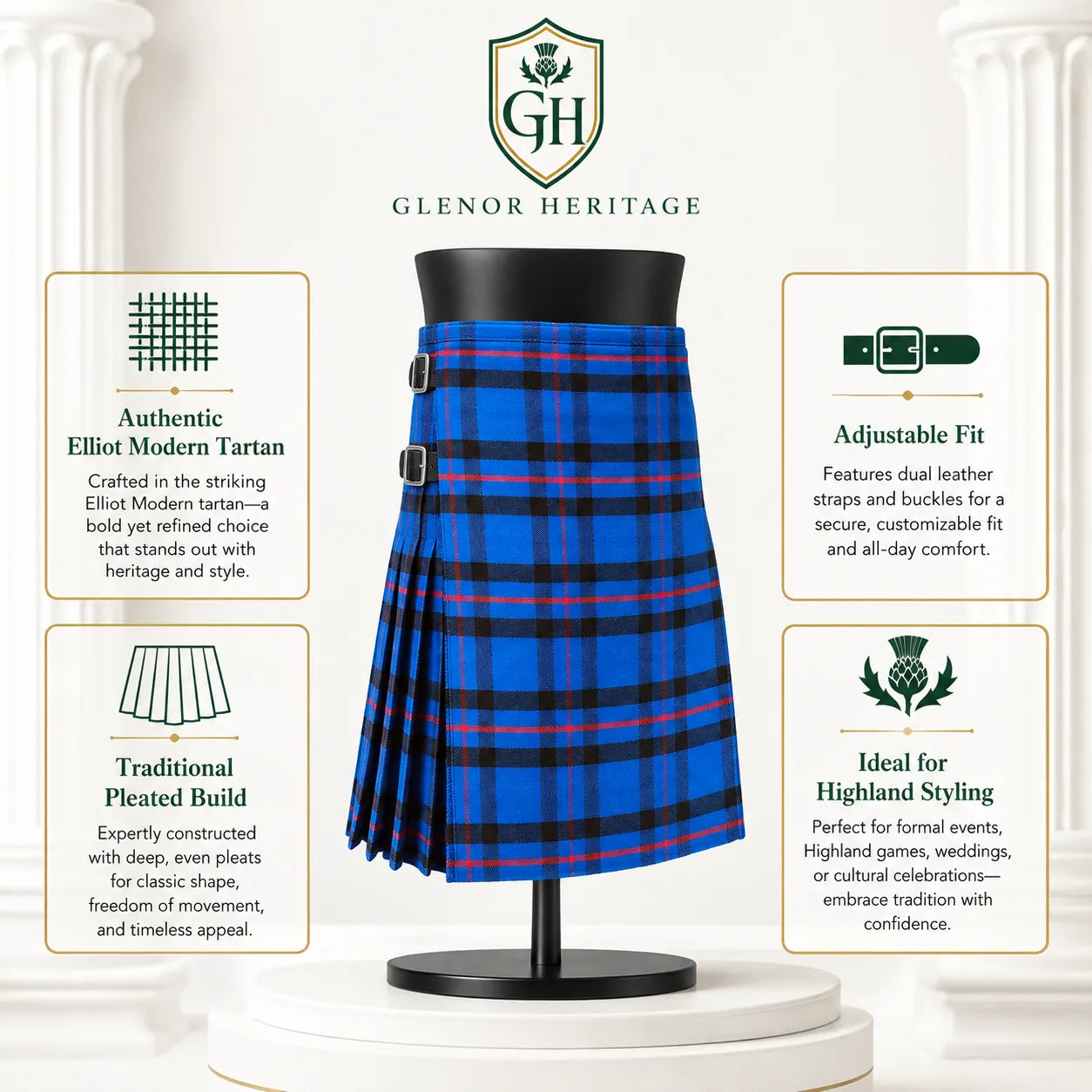 Glenor Heritage Elliot Modern tartan kilt waist strap and metal buckle close-up