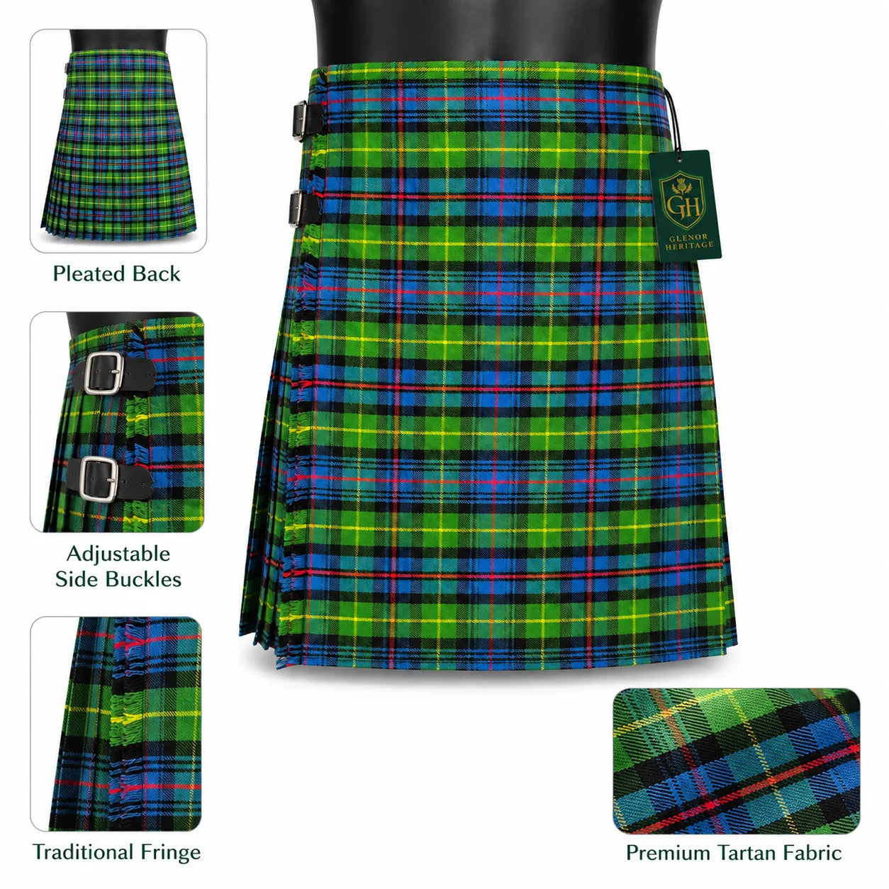 Glenor Heritage Ferguson Ancient tartan kilt front full view with leather strap closure