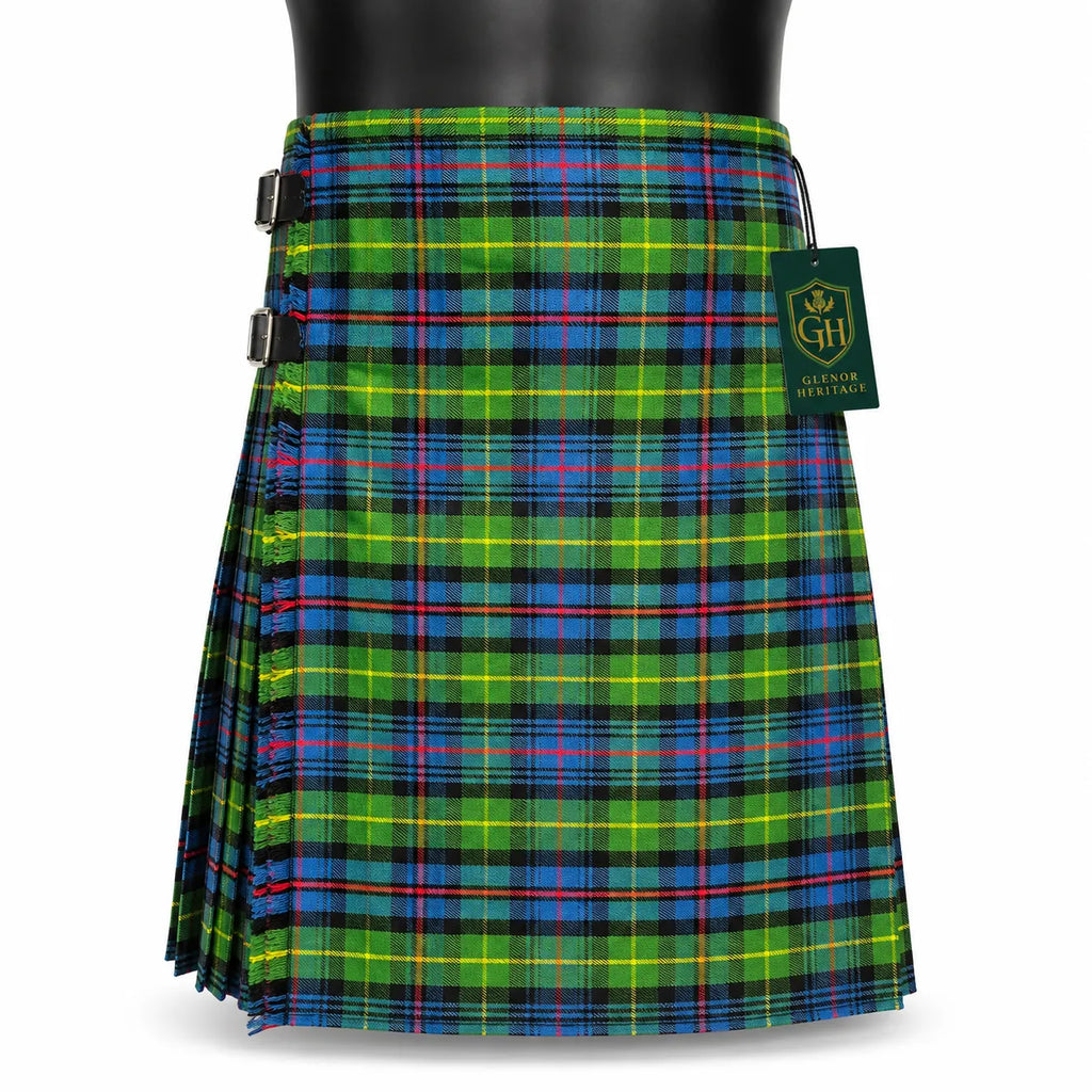 Ferguson Ancient tartan kilt front view – muted ancient sett plaid with adjustable leather straps