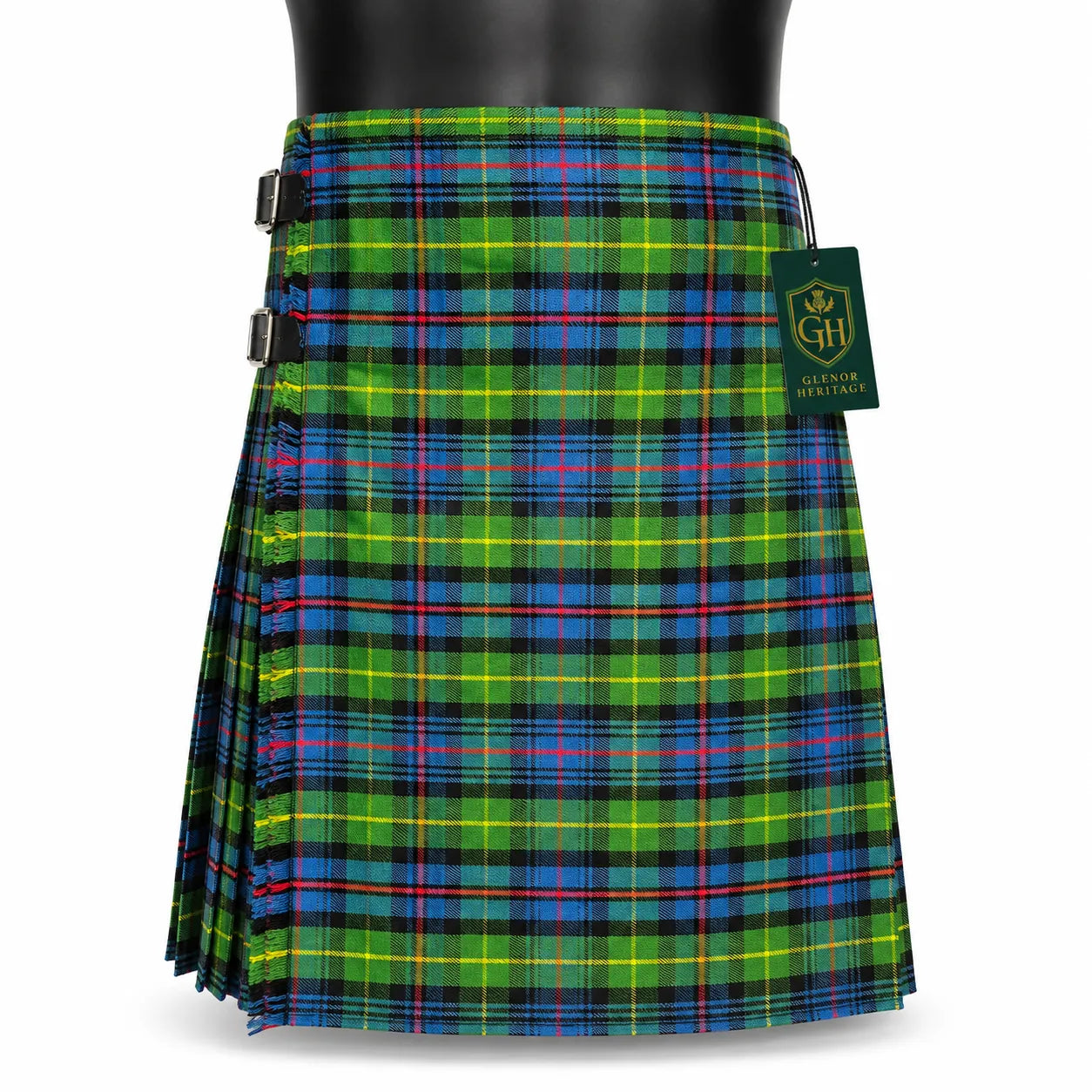 Ferguson Ancient tartan kilt front view – muted ancient sett plaid with adjustable leather straps