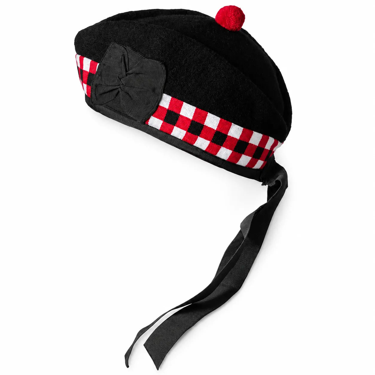 Black and red diced Glengarry cap front view – traditional Scottish Highland hat with red and white diced band