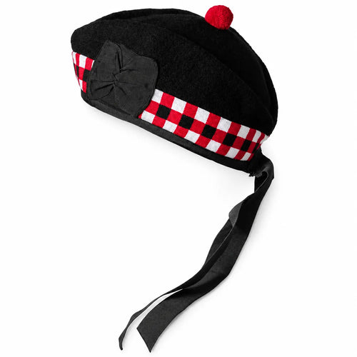 Black and red diced Glengarry cap front view – traditional Scottish Highland hat with red and white diced band