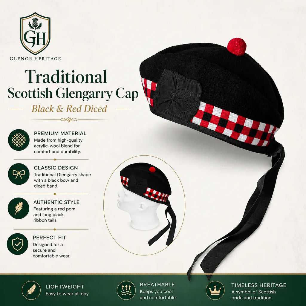 Diced Glengarry cap side profile showing classic boat shape, red pom and diced chequered band by Glenor Heritage