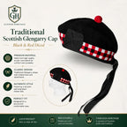 Diced Glengarry cap side profile showing classic boat shape, red pom and diced chequered band by Glenor Heritage