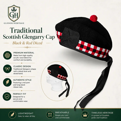 Diced Glengarry cap side profile showing classic boat shape, red pom and diced chequered band by Glenor Heritage