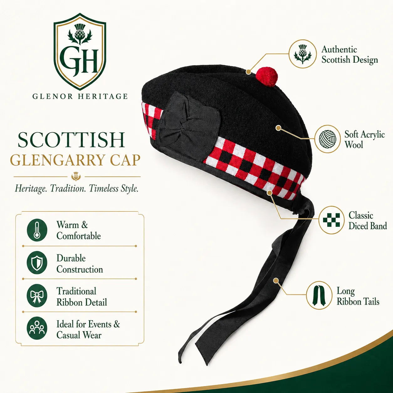 Black red diced Glengarry cap back view showing traditional ribbon tails – Scottish pipe band headwear