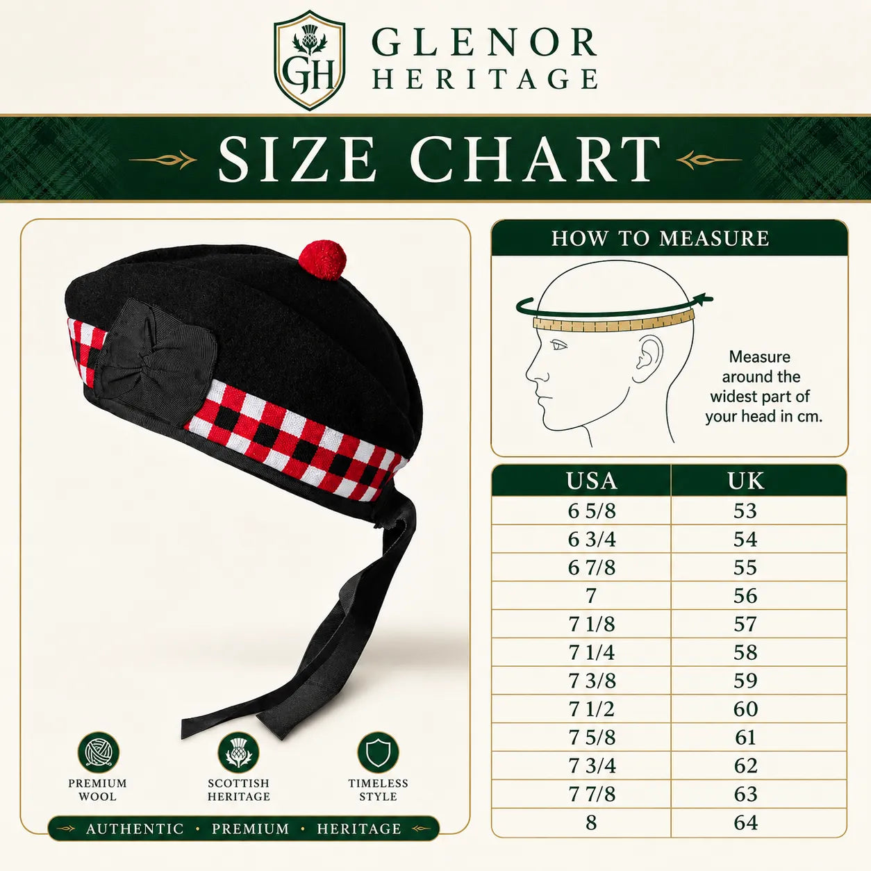 Black and red diced Glengarry worn front view – traditional Scottish Highland hat for pipe bands and weddings