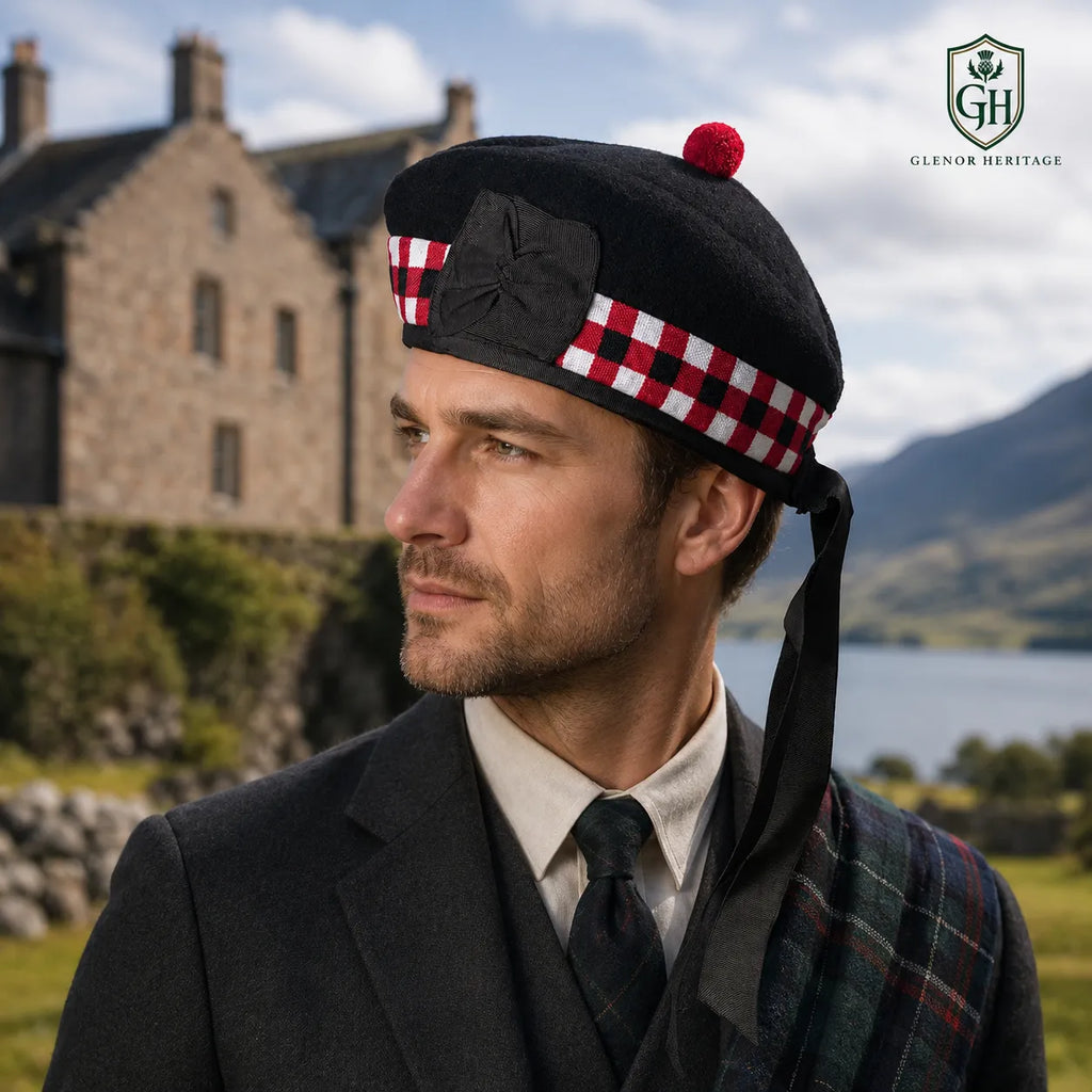 Glenor Heritage diced Glengarry cap red pom and diced chequered band close-up detail