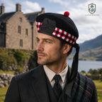 Glenor Heritage diced Glengarry cap red pom and diced chequered band close-up detail
