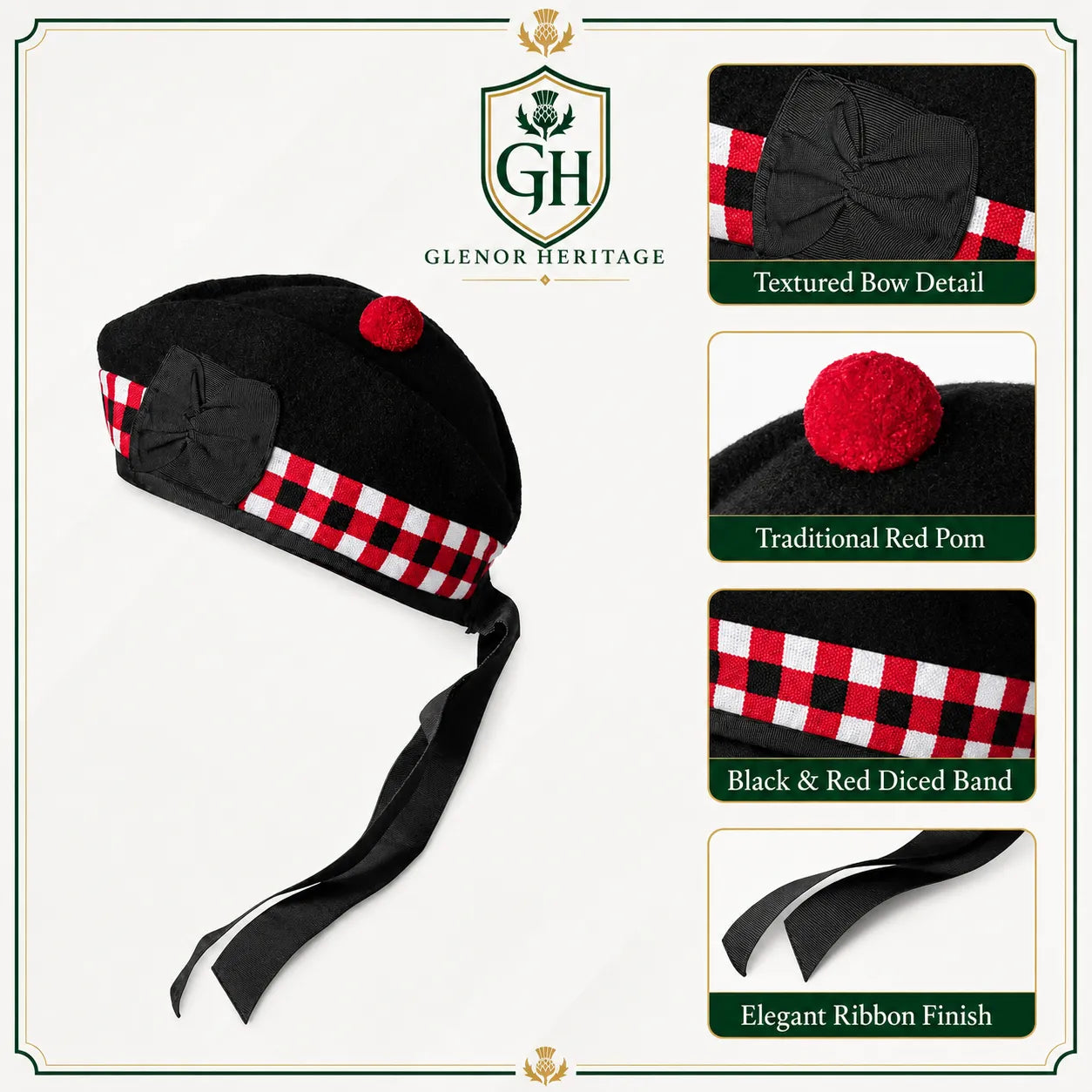 Black & Red Diced Glengarry Cap – Traditional Scottish Hat | Glenor Heritage