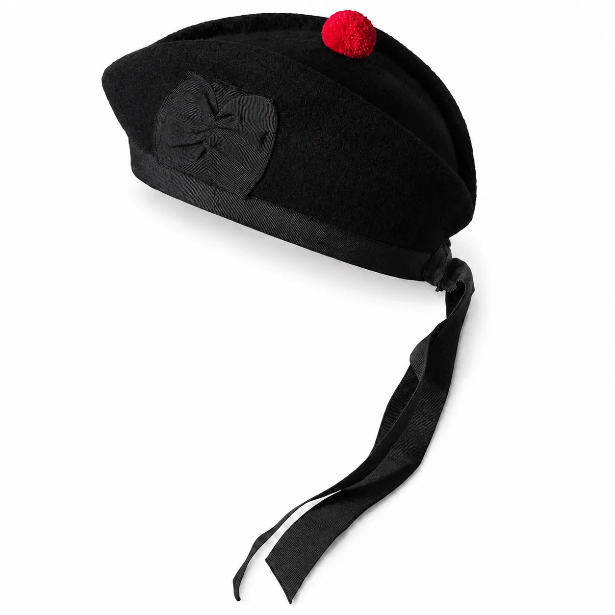 Plain black wool Glengarry cap front view – traditional Scottish Highland hat with ribbon tails by Glenor Heritage